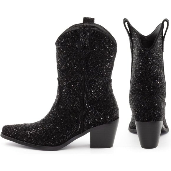Women Rhinestone Cowboy Boots Sparkly Pointed Toe Mid Calf Block Heel - Picture 2 of 5